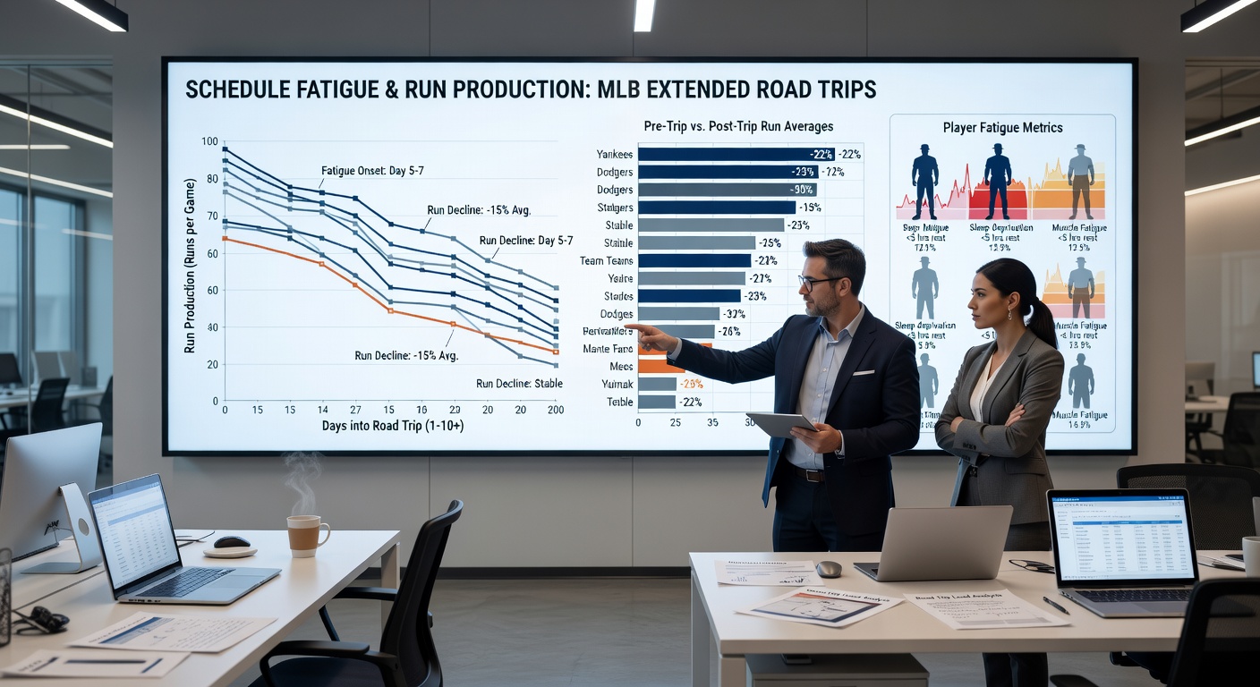 Detailed chart illustrating MLB run production trends during multi-city road trips with fatigue indicators