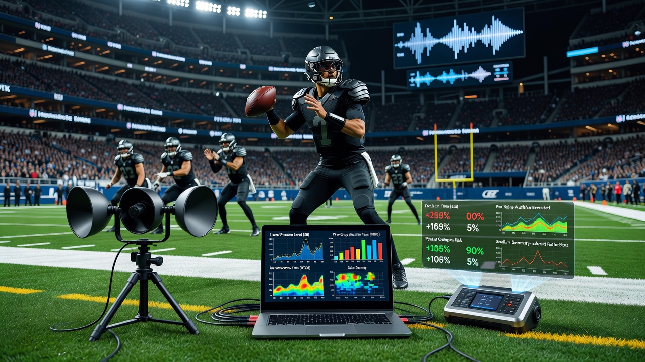 Quarterback signaling adjustments amid high crowd noise levels recorded at an NFL prime-time matchup
