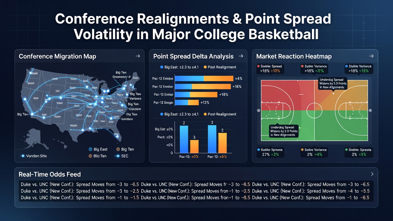 Graph illustrating point spread changes before and after conference realignments in college basketball
