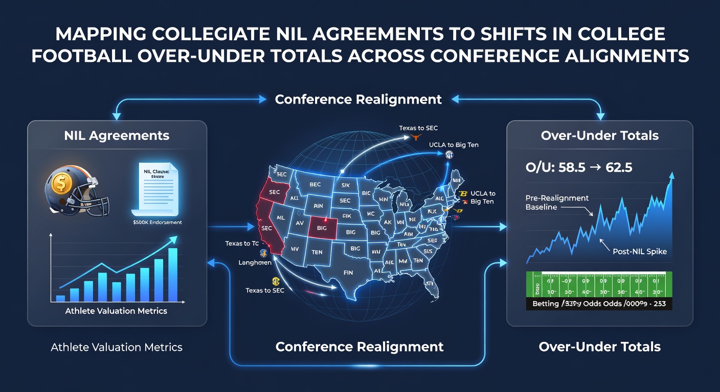 Visualization of NIL agreement distributions and their correlation with scoring averages in realigned college football conferences