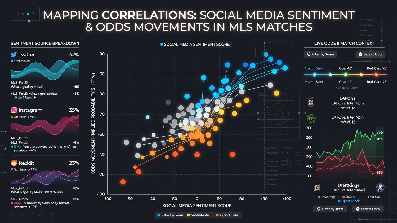 Chart illustrating sentiment score fluctuations alongside live odds for an MLS Eastern Conference match in July 2026