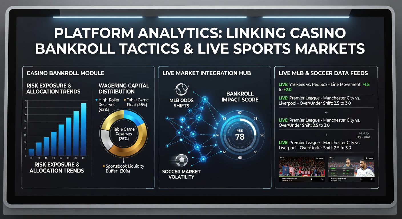 Dashboard view of platform analytics showing bankroll allocation alongside MLB and soccer live odds shifts