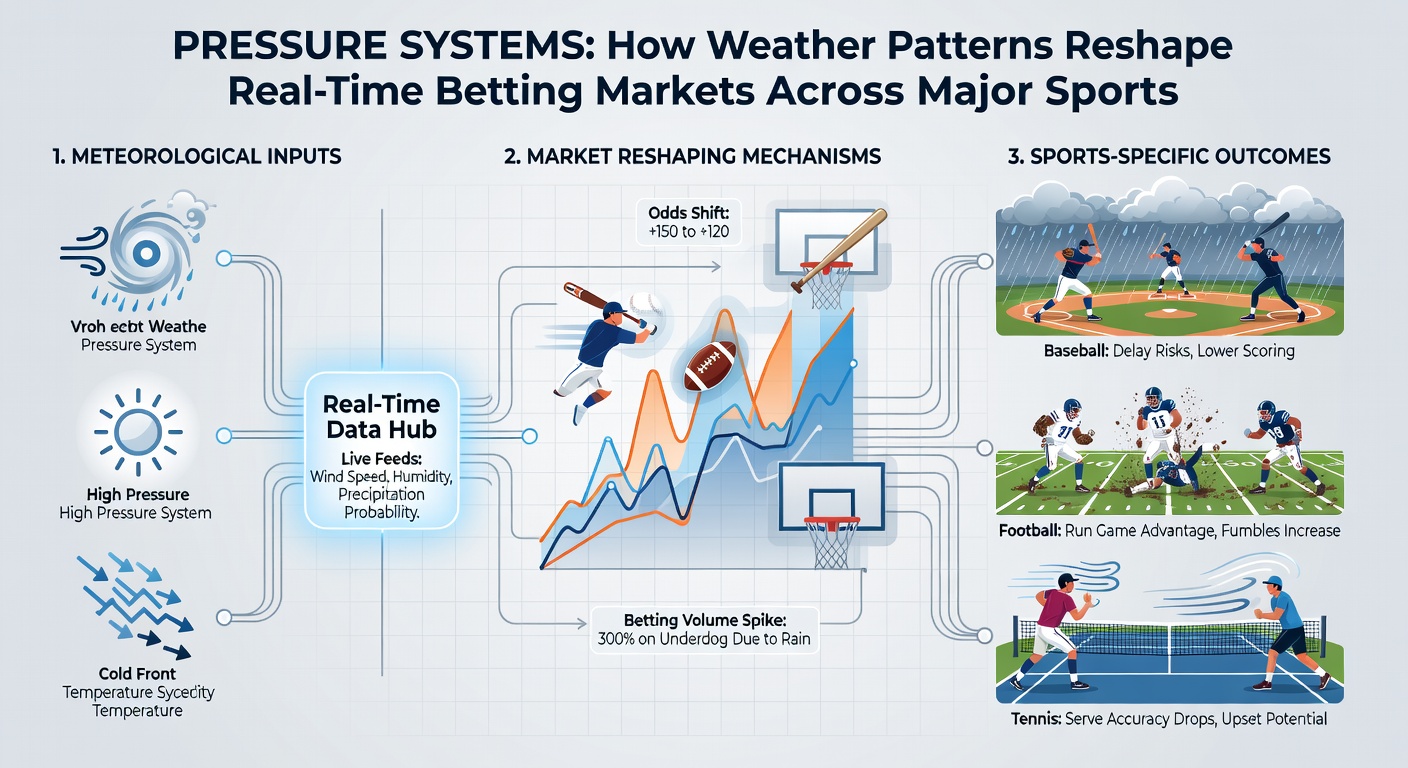 Live sports betting interface displaying odds adjustments during changing weather conditions at a baseball stadium