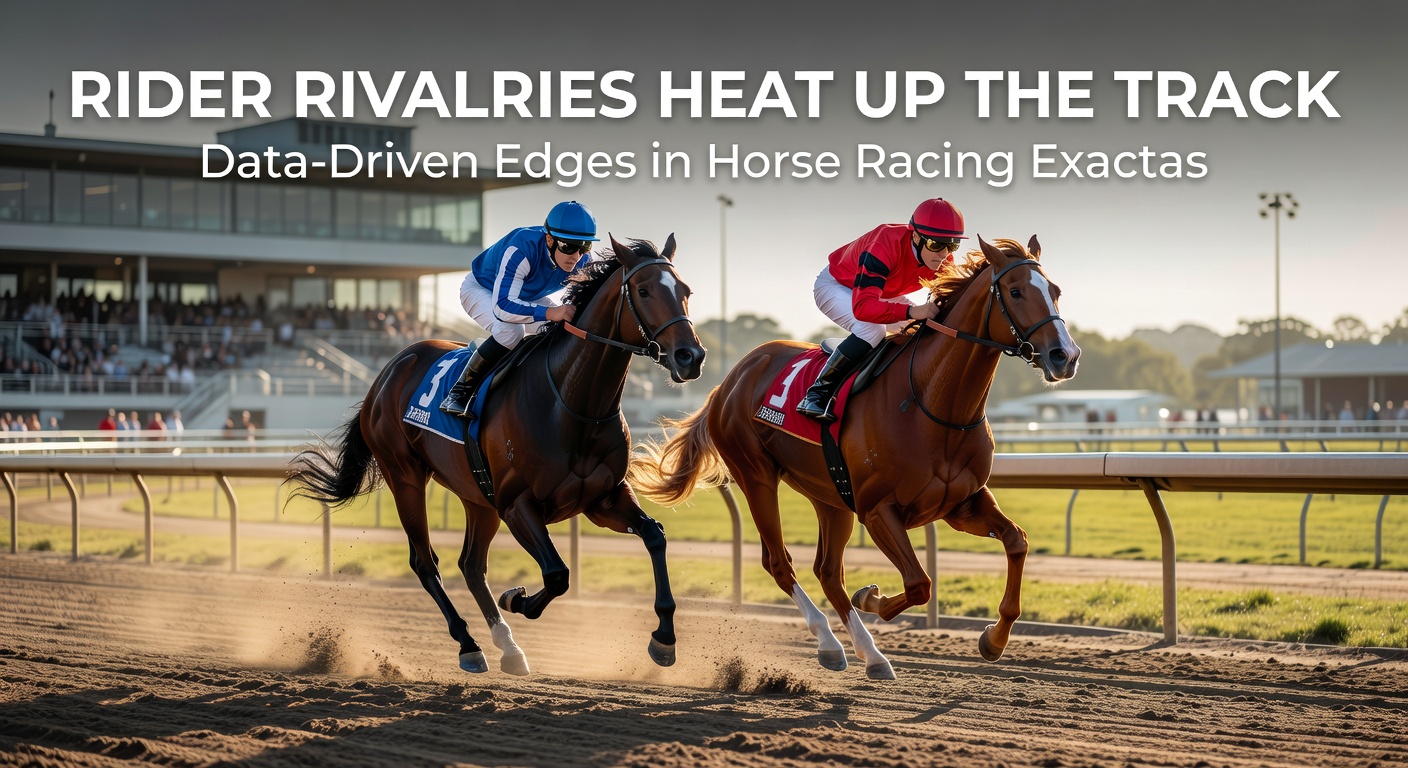 Two jockeys locked in a fierce duel during a high-stakes horse race, dust flying as they vie for the lead in the stretch