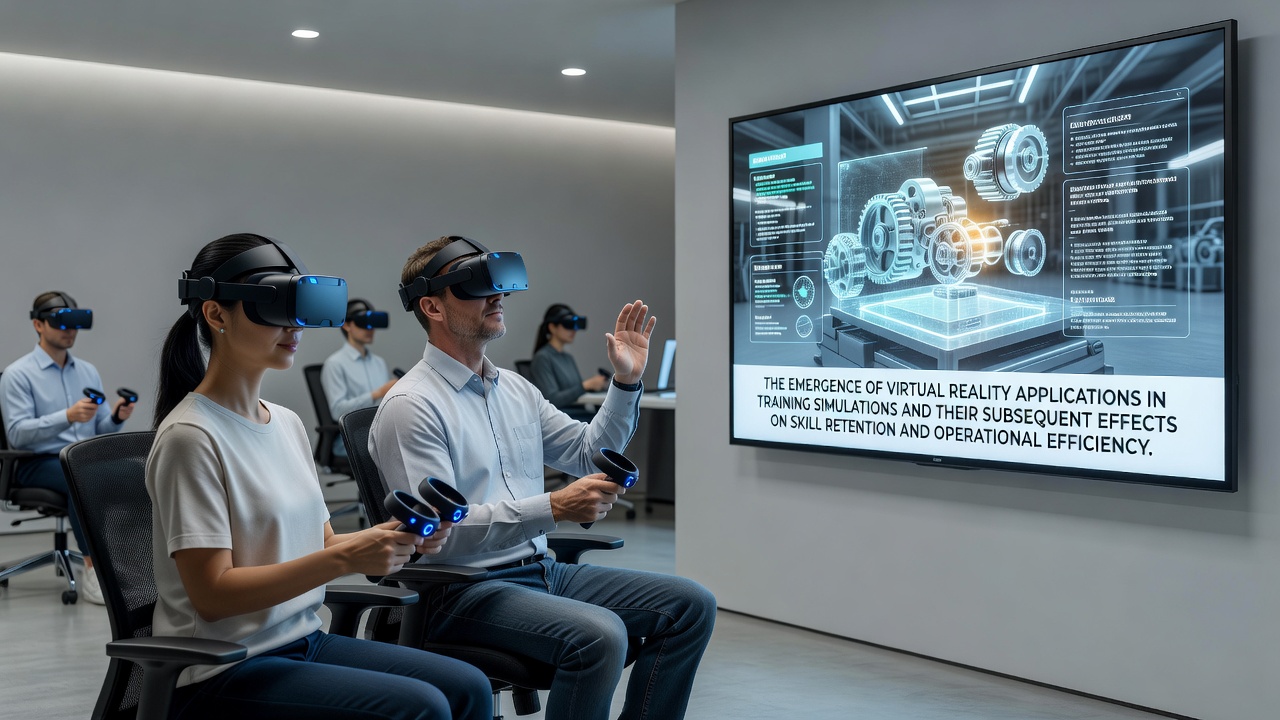 Data analysts reviewing virtual reality training metrics on multiple screens in a sports analytics center