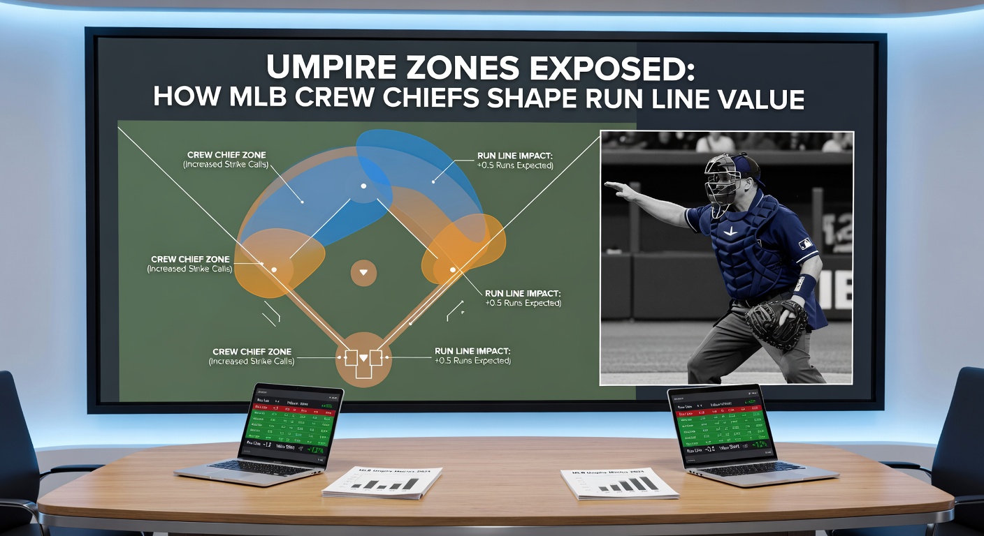 Split-screen graphic comparing strike zone calls by two different MLB crew chiefs, with run line betting odds overlaid on game outcomes