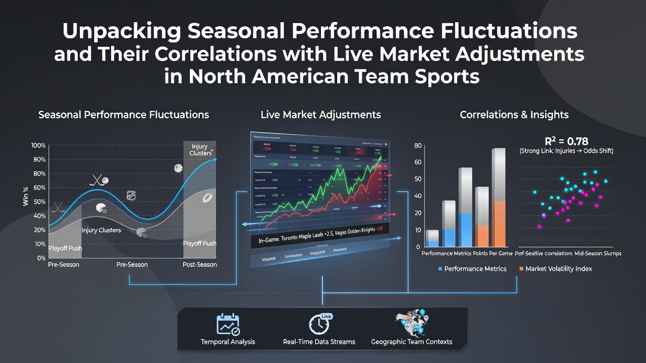 Chart showing seasonal performance trends across NFL, NBA, MLB and NHL teams with corresponding live betting market shifts